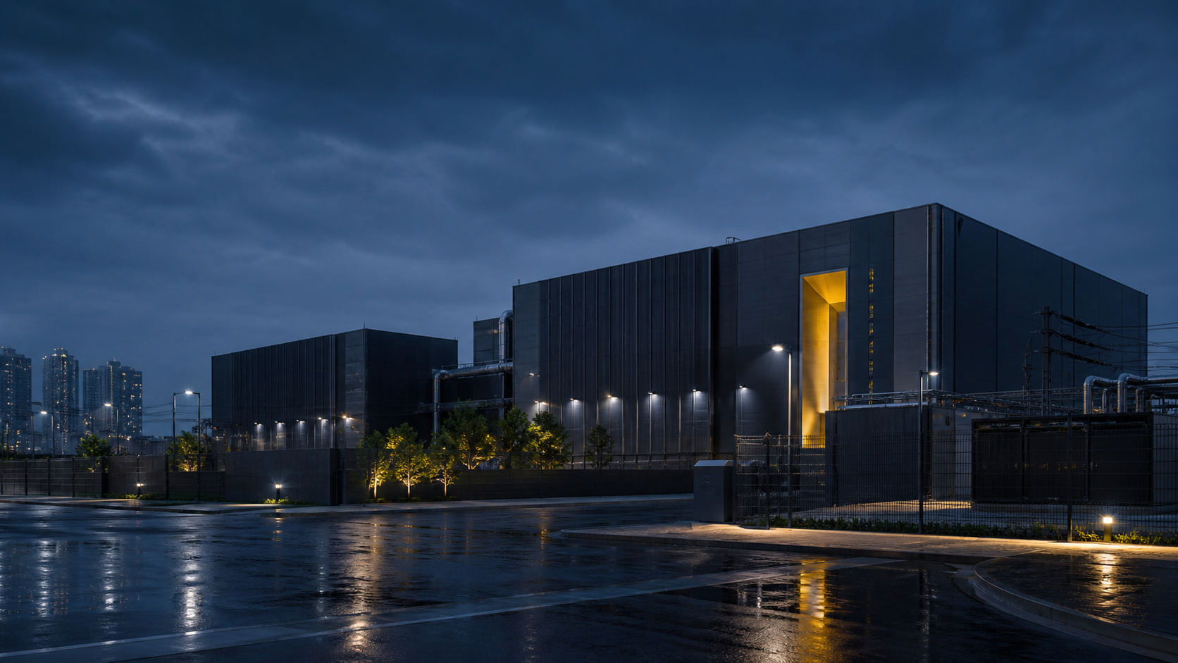 Original editorial illustration of a contemporary data center campus in Incheon