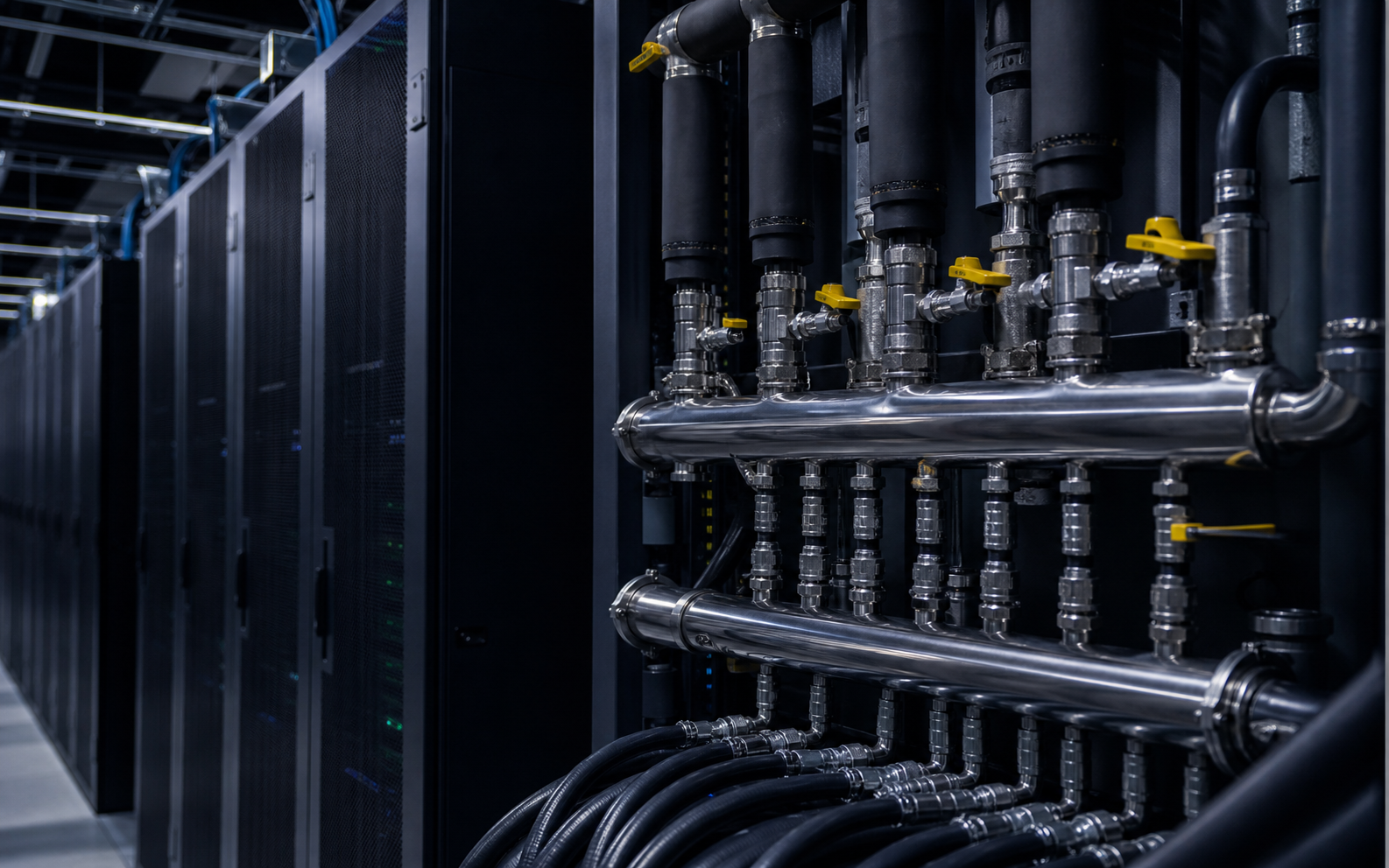 Liquid cooling manifolds beside high-density racks