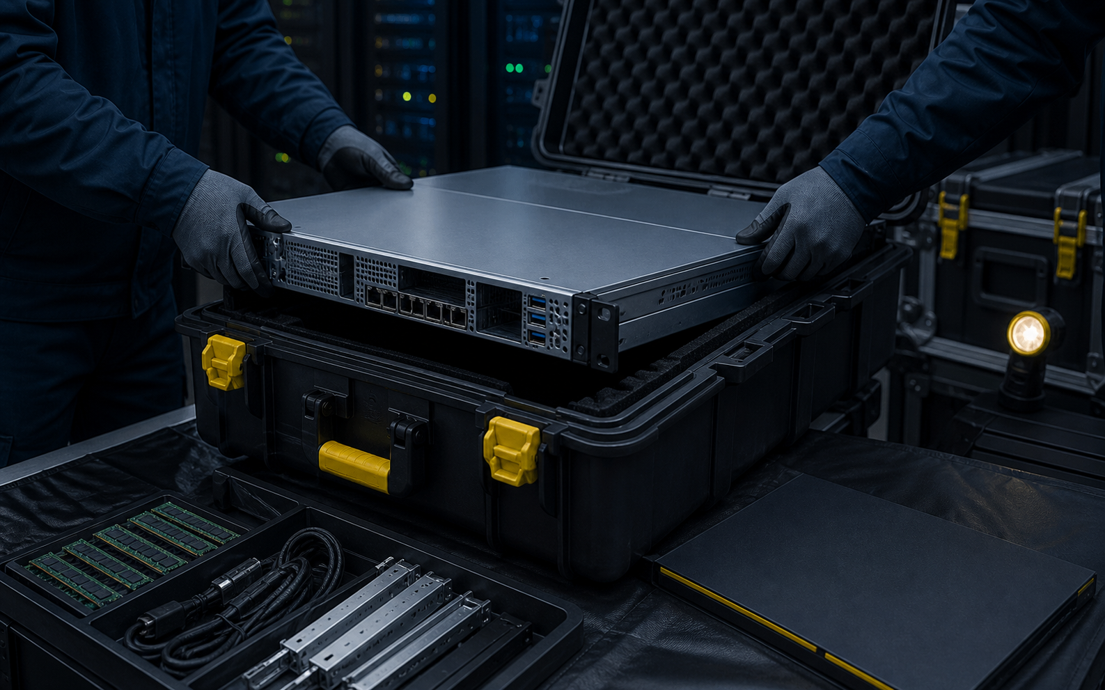 An unbranded server being prepared in a protective logistics case