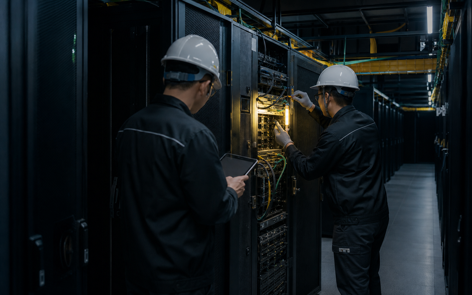 Engineers commissioning a server rack